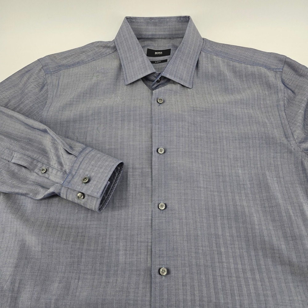 Hugo Boss Mens Slim Fit Herringbone Dress Shirt Blue Long Sleeve Size‎ 41 16